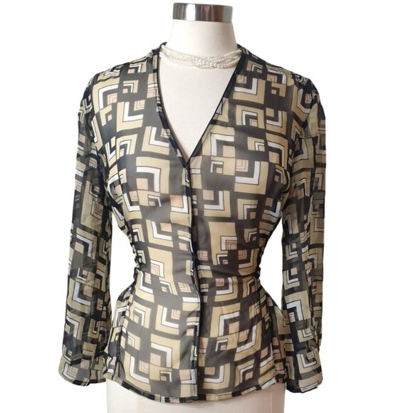 Cato Sheer Y2K Blouse L Black Taupe V-Neck Geometric Boho Long Sleeve Waist Tie - Picture 1 of 6
